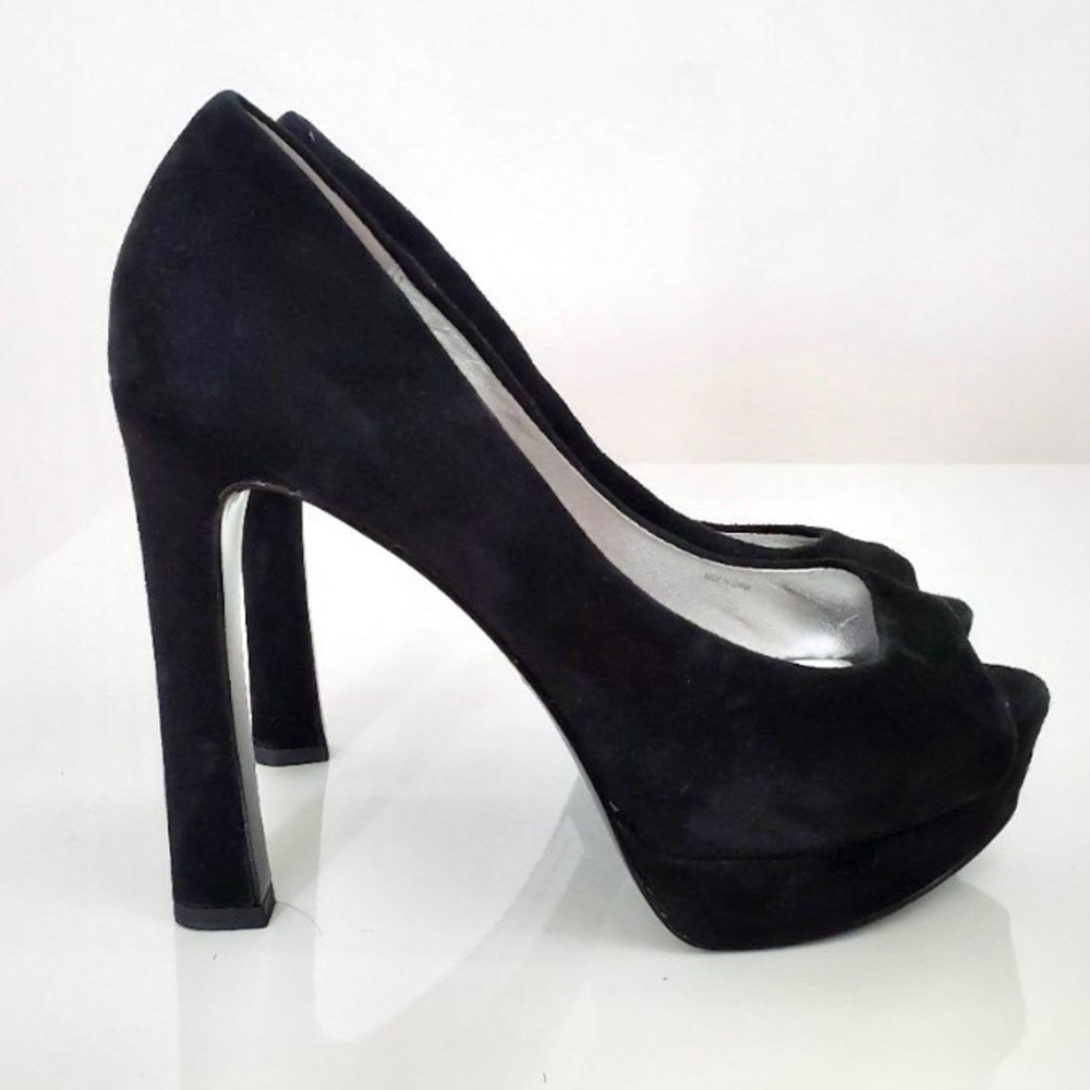 Black Suede Peep-Toe Platform Pumps